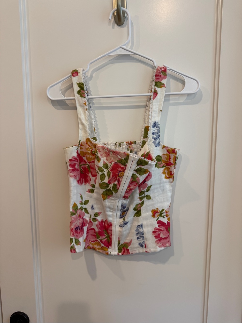 Reformation White Floral Square-Neck Tank Top with Pink Roses